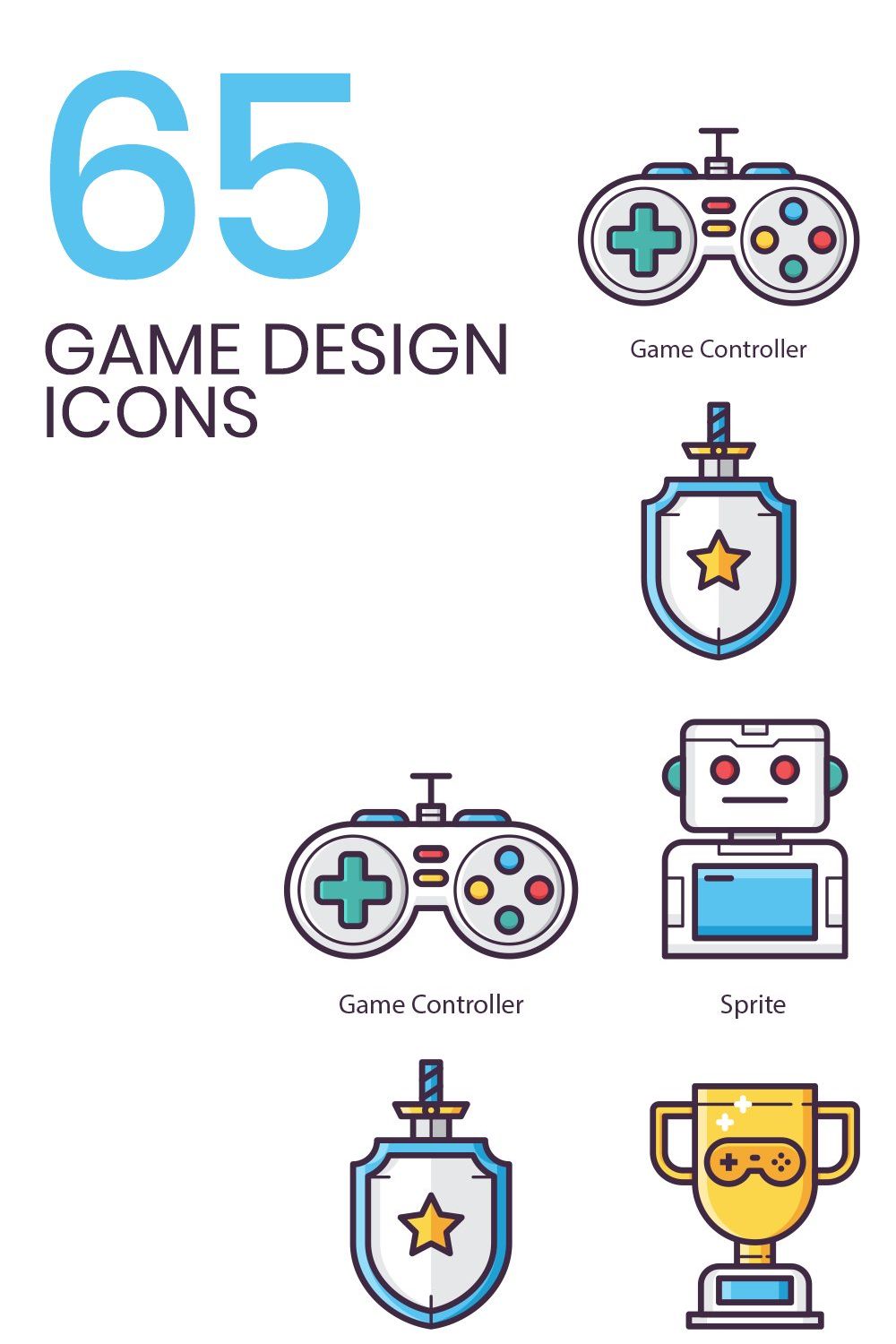 65 Game Design Icons pinterest preview image.