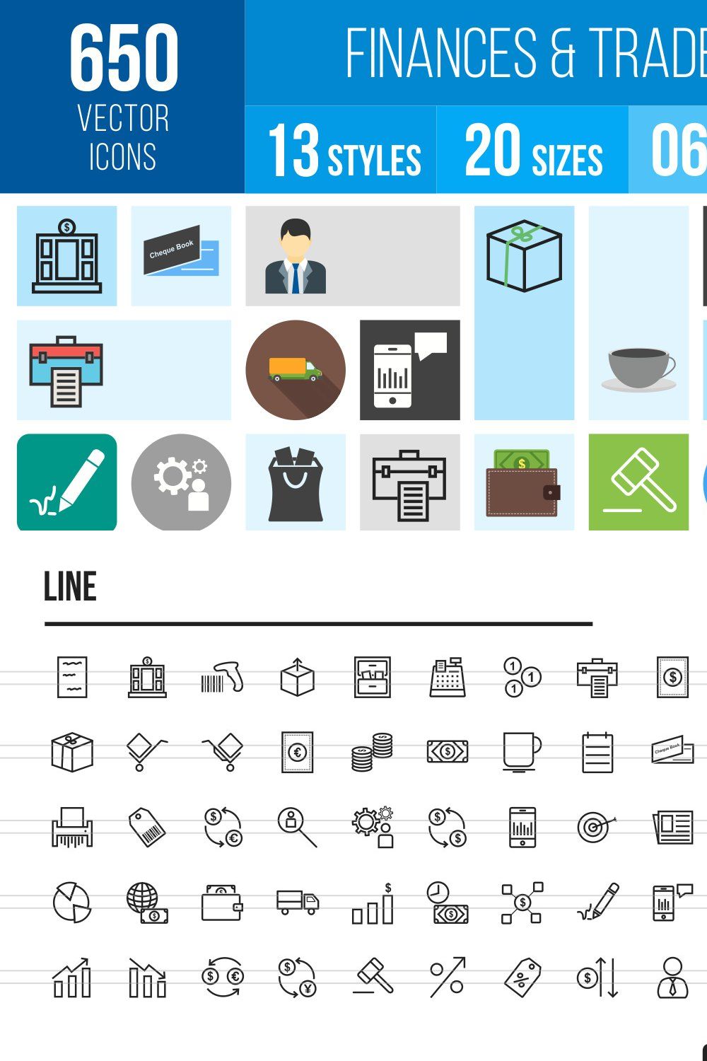 650 Finances & Trade Icons pinterest preview image.
