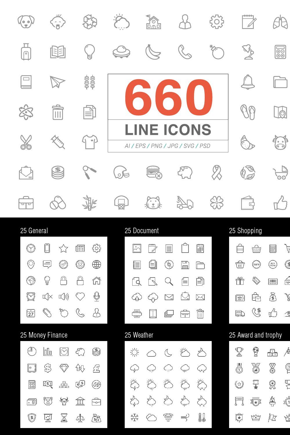 660 Line Icons pack pinterest preview image.