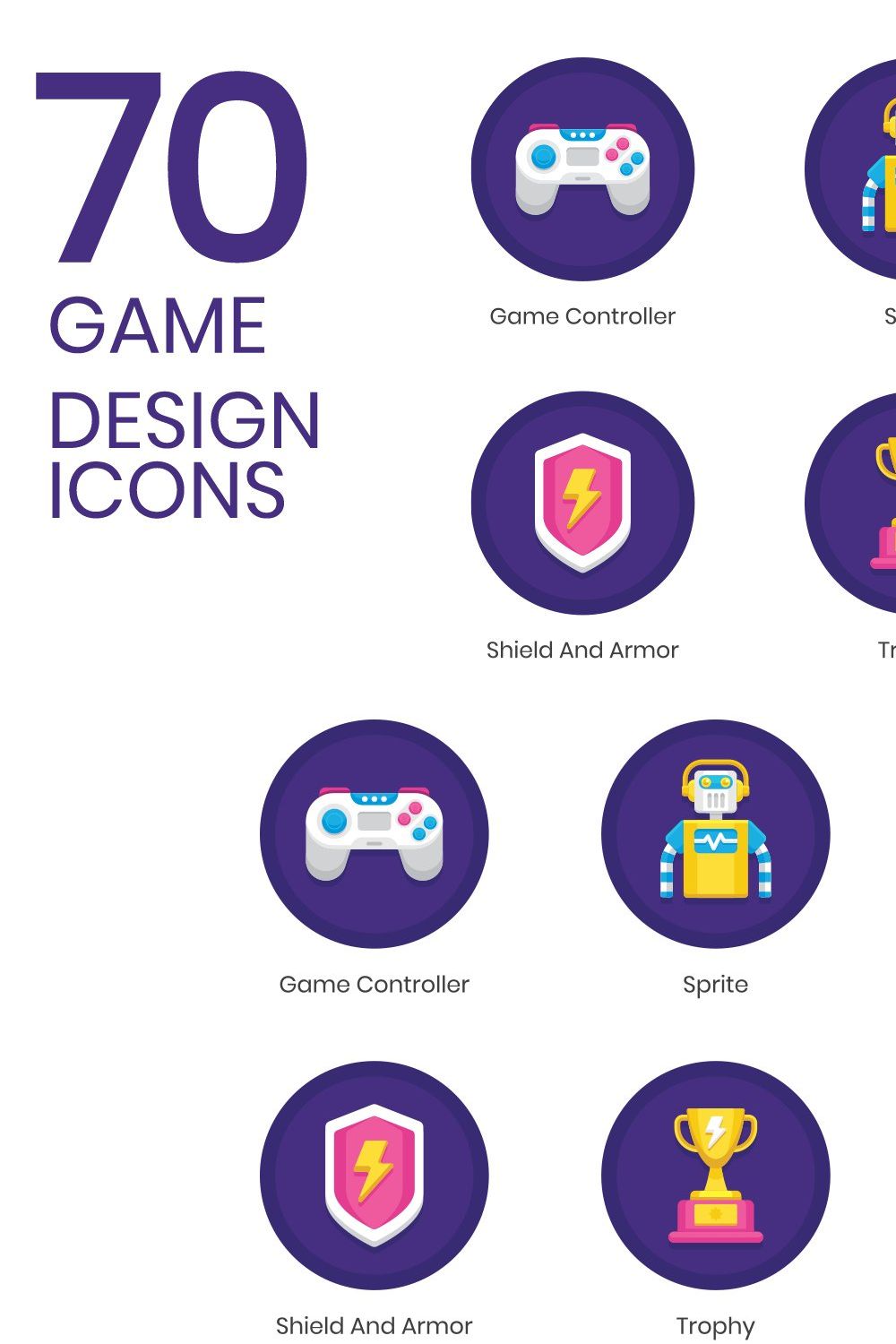 70 Game Design Icons - Orchid Series pinterest preview image.