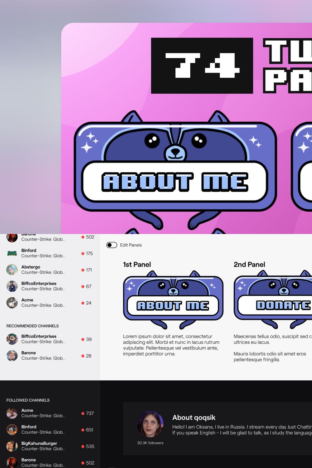 74x Blue Raccoon Twitch Panels pinterest preview image.