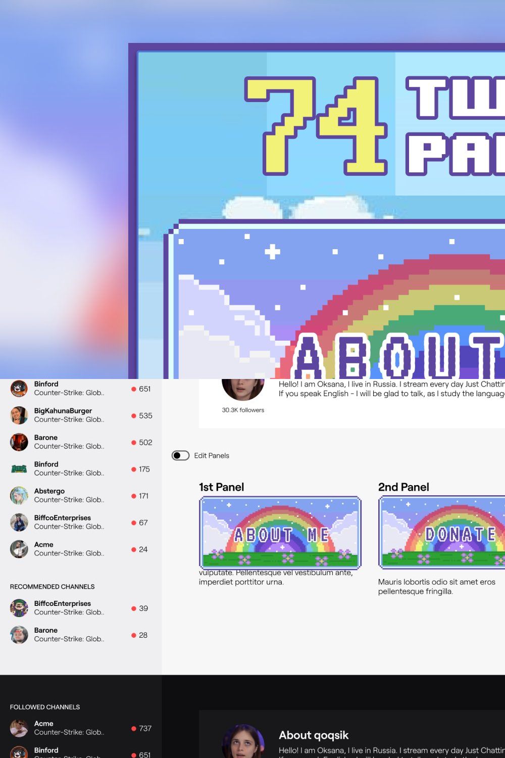 74x Rainbow Pixel Panels for Twitch pinterest preview image.