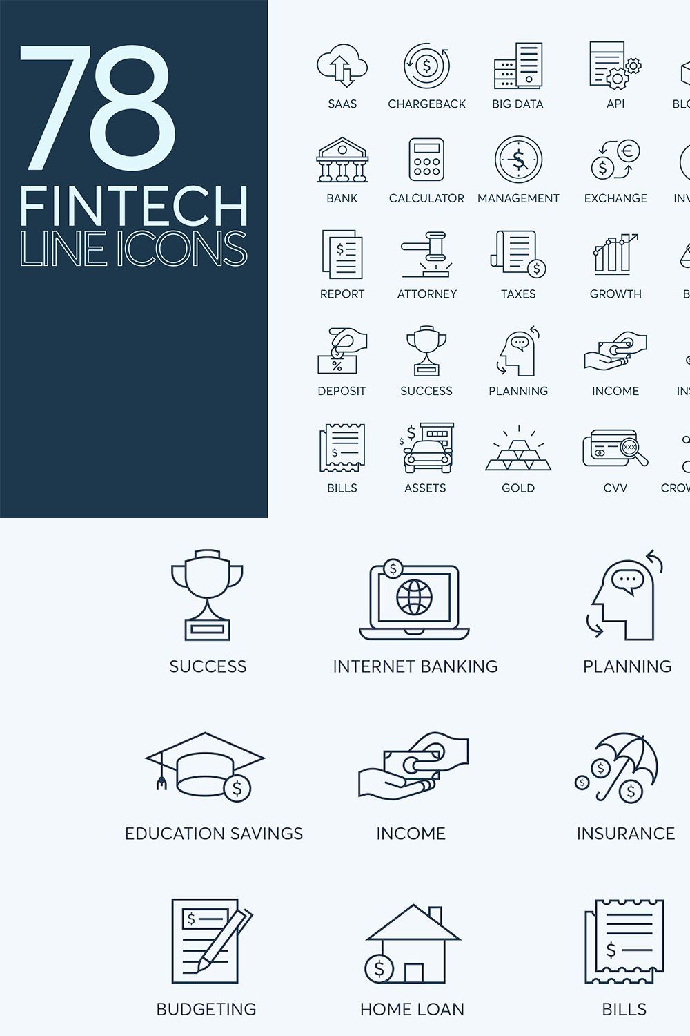 78 Fintech Line Icons pinterest preview image.