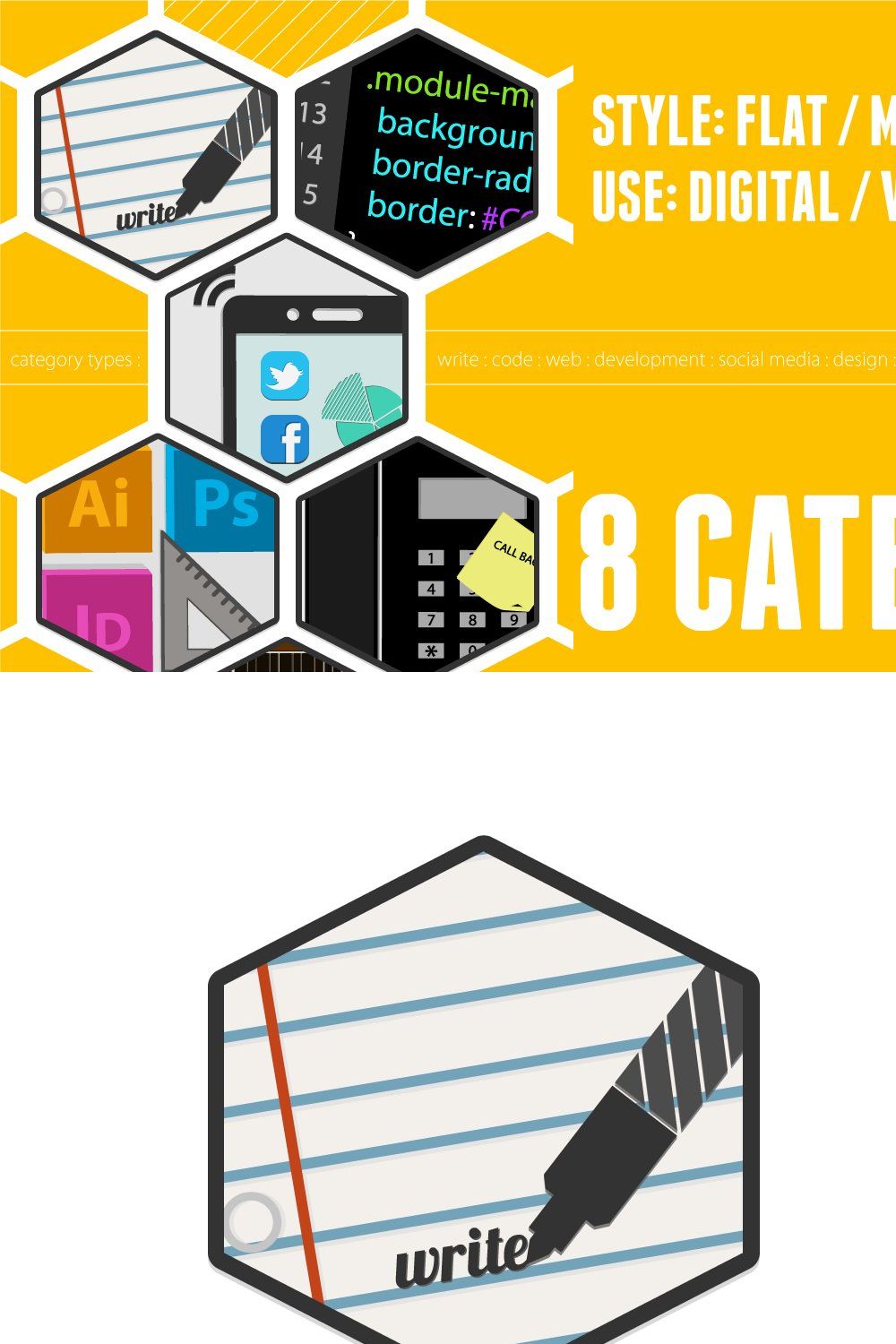 8 Flat Web Category Icons - Vector pinterest preview image.