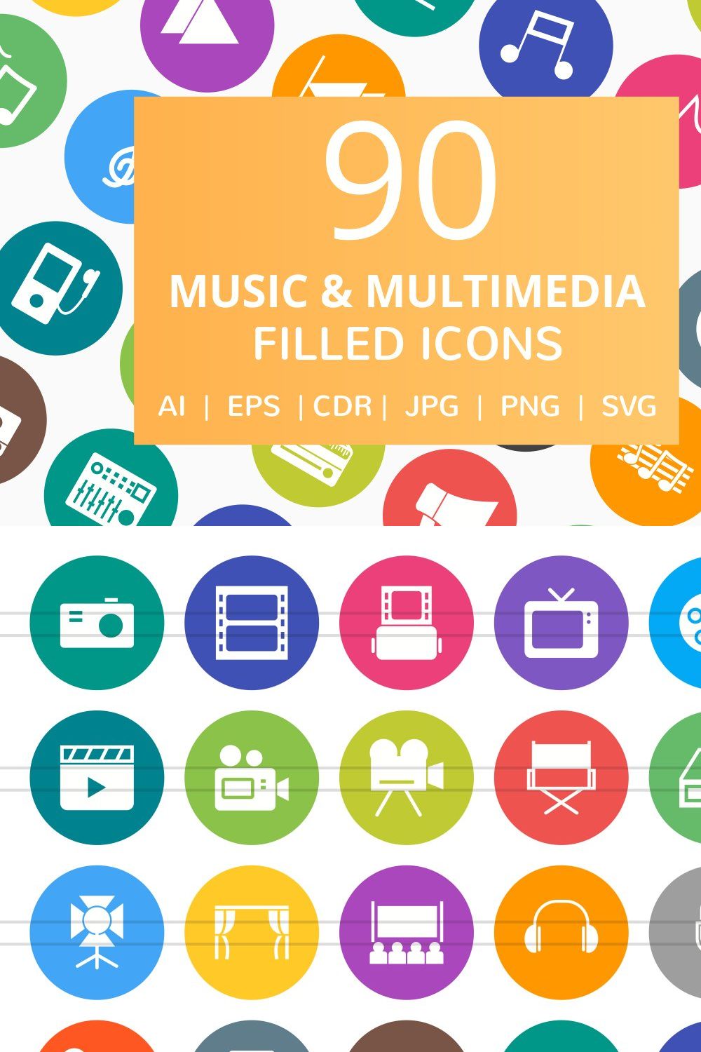 90 Music & Media Filled Round Icons pinterest preview image.