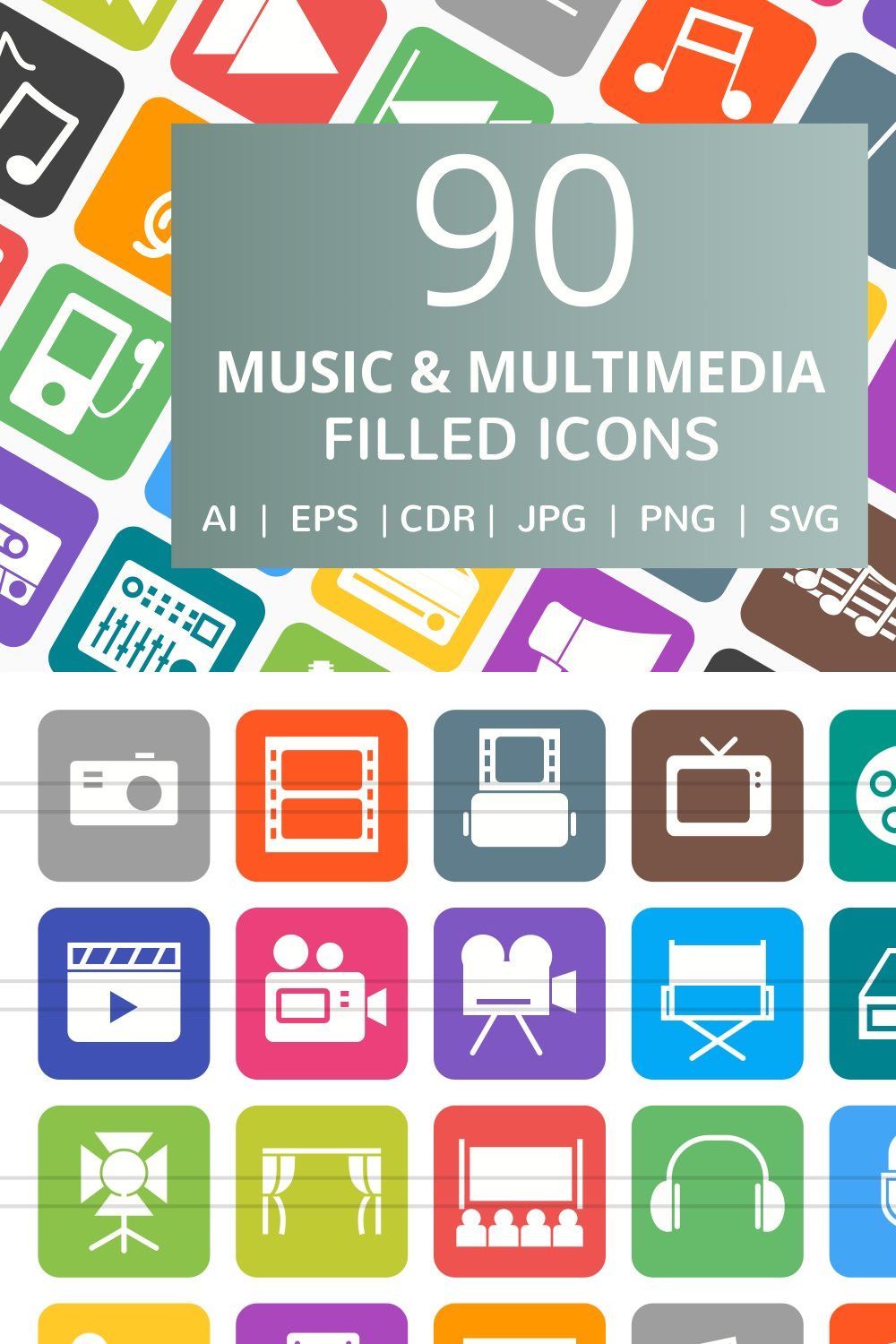 90 Music & Multimedia Filled Icons pinterest preview image.