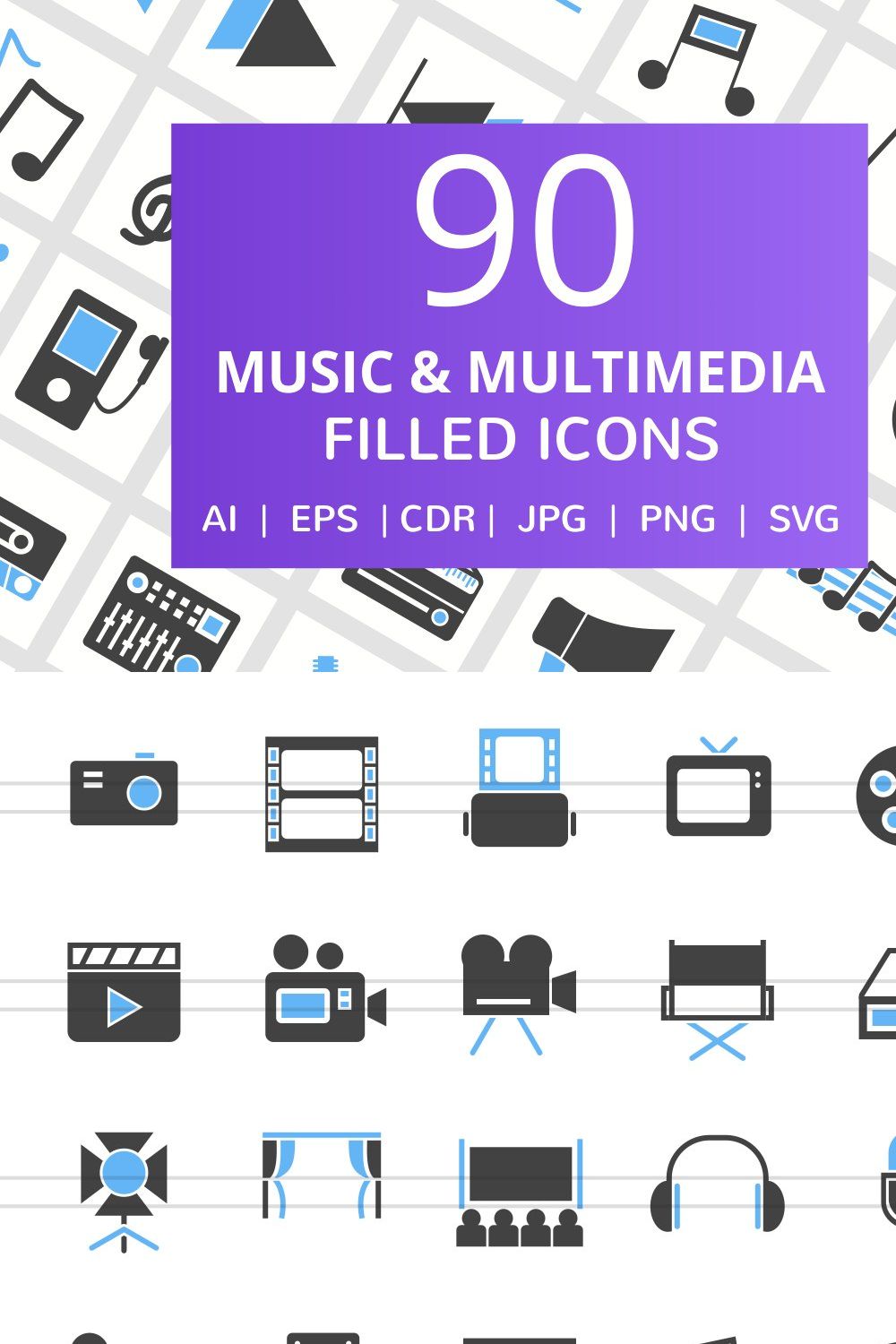 90 Music & Multimedia Filled Icons pinterest preview image.