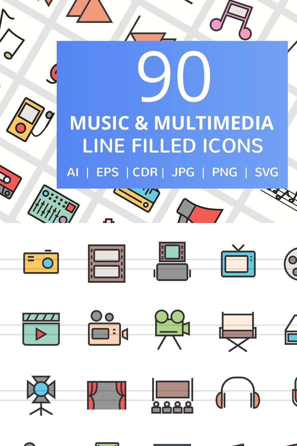 90 Music Multimedia Filled Line Icon pinterest preview image.