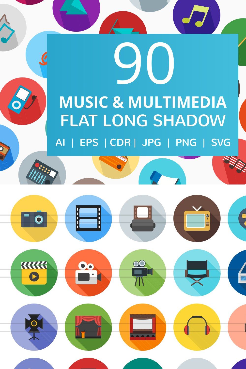 90 Music & Multimedia Flat Icons pinterest preview image.