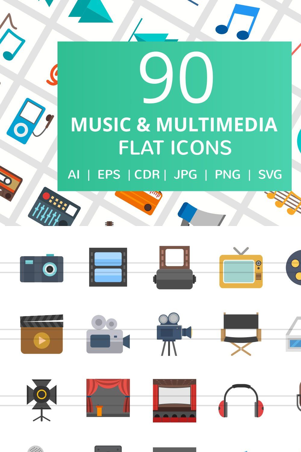 90 Music & Multimedia Flat Icons pinterest preview image.