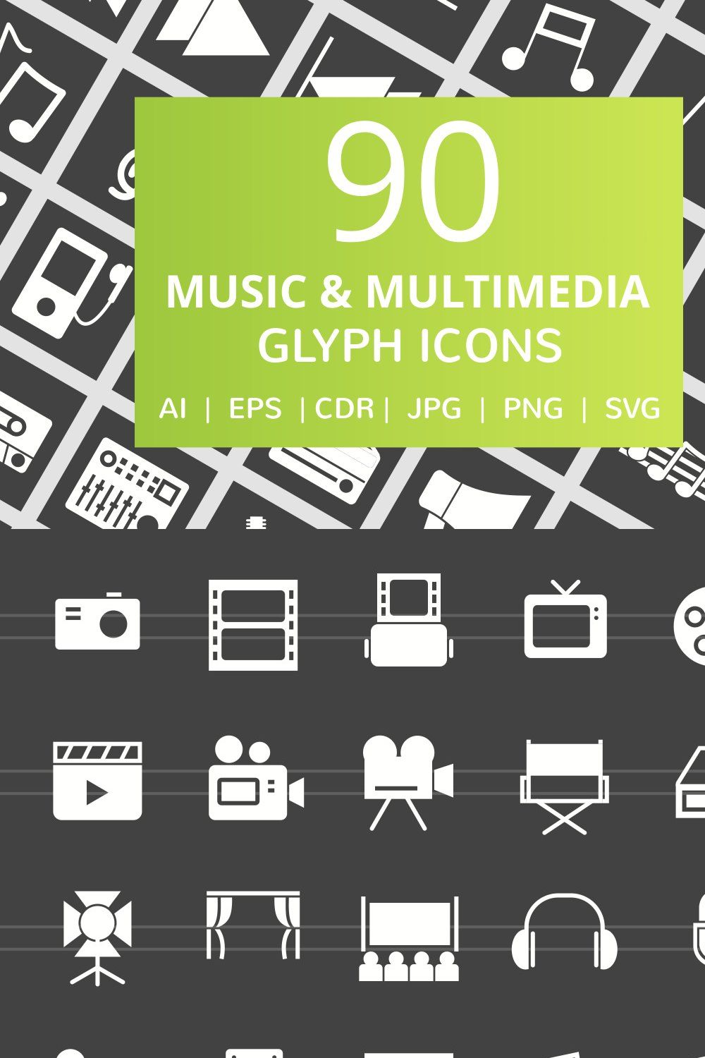 90 Music & Multimedia Glyph Icons pinterest preview image.