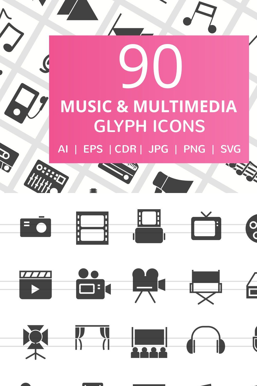 90 Music & Multimedia Glyph Icons pinterest preview image.