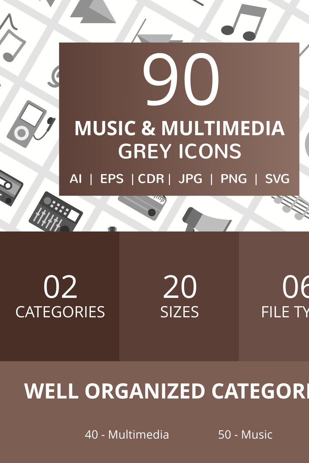 90 Music & Multimedia Greyscale Icon pinterest preview image.