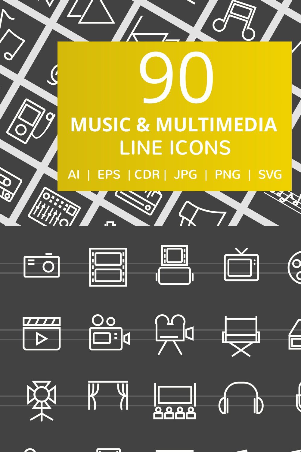 90 Music & Multimedia Line Icons pinterest preview image.