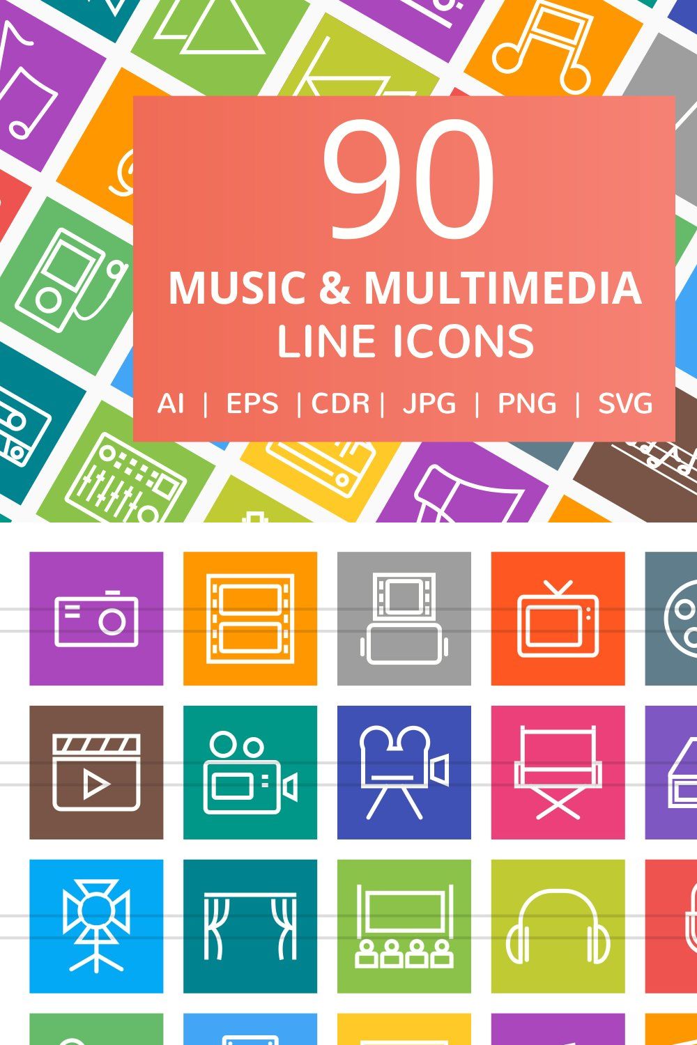 90 Music & Multimedia Line Icons pinterest preview image.