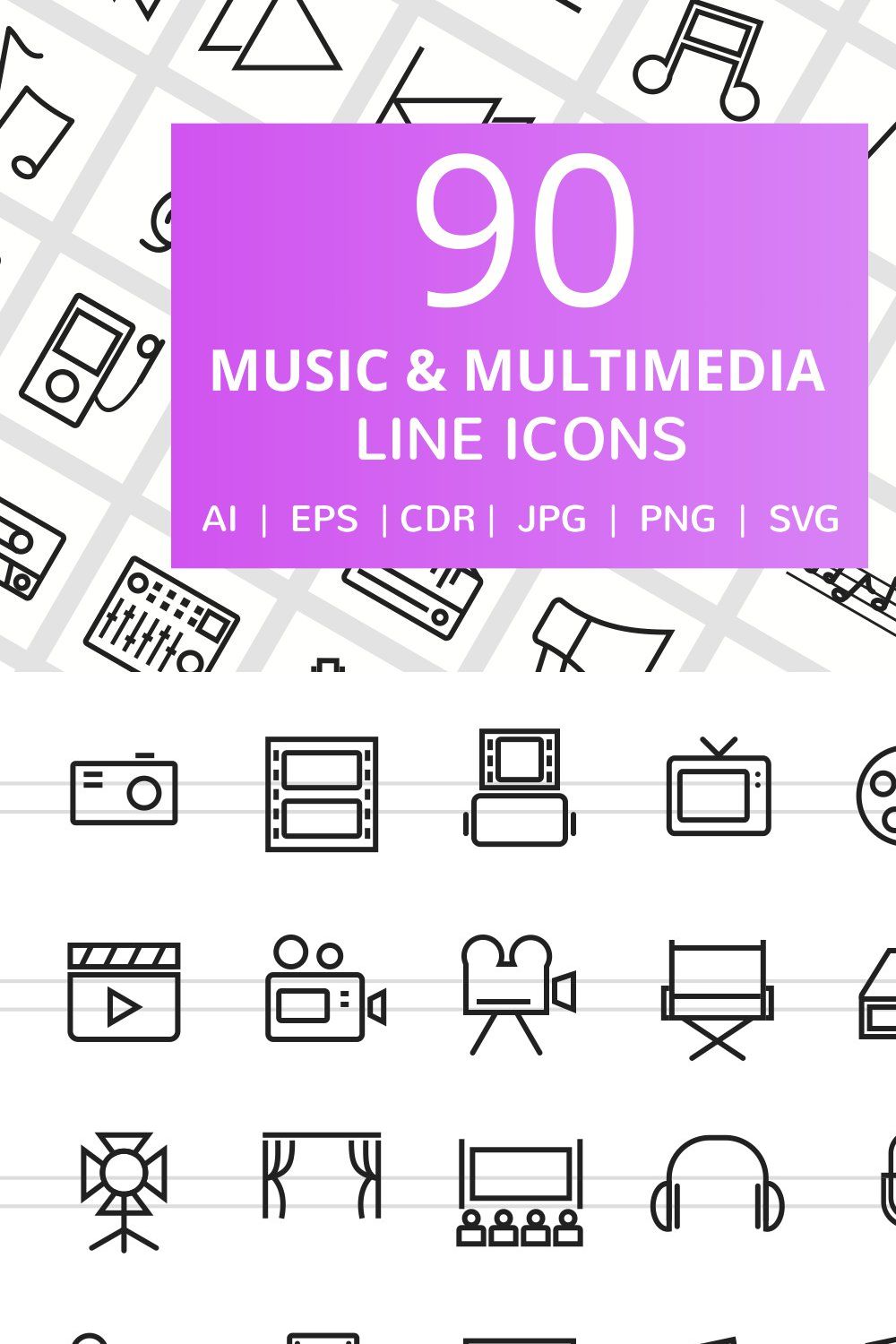 90 Music & Multimedia Line Icons pinterest preview image.