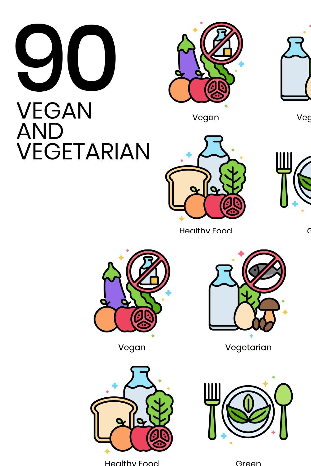 90 Vegan and Vegetarian Icons pinterest preview image.