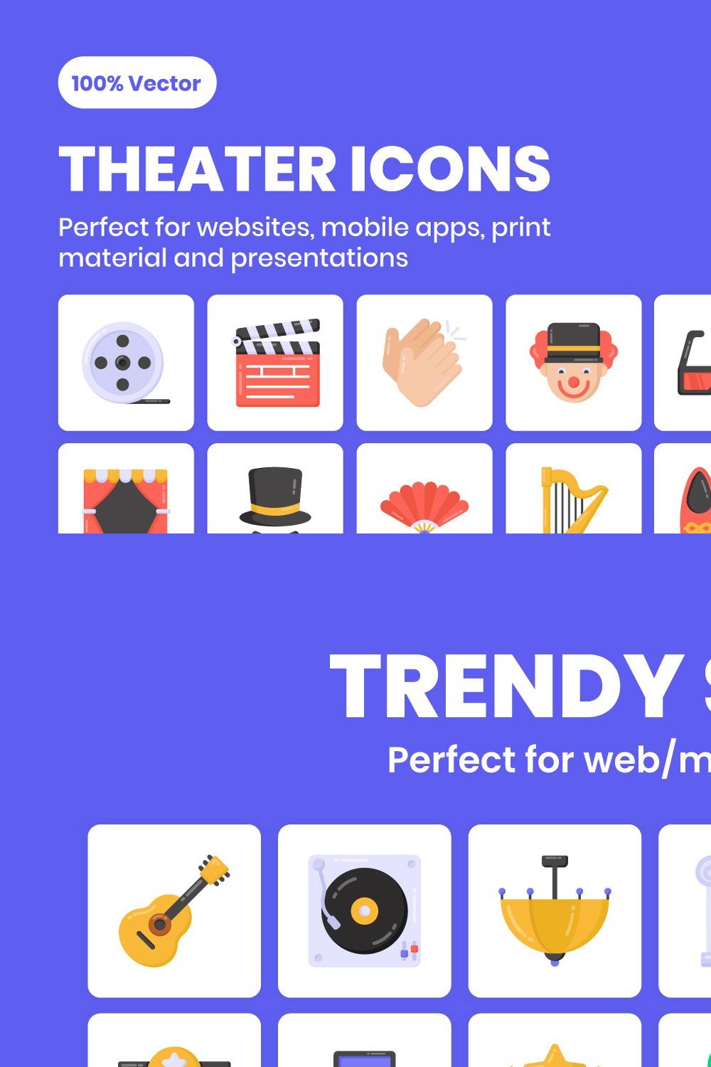 96 Flat Theater Vector Icons pinterest preview image.