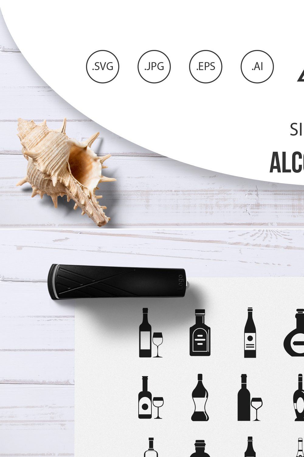 Alcohol bottle icon set, simple pinterest preview image.