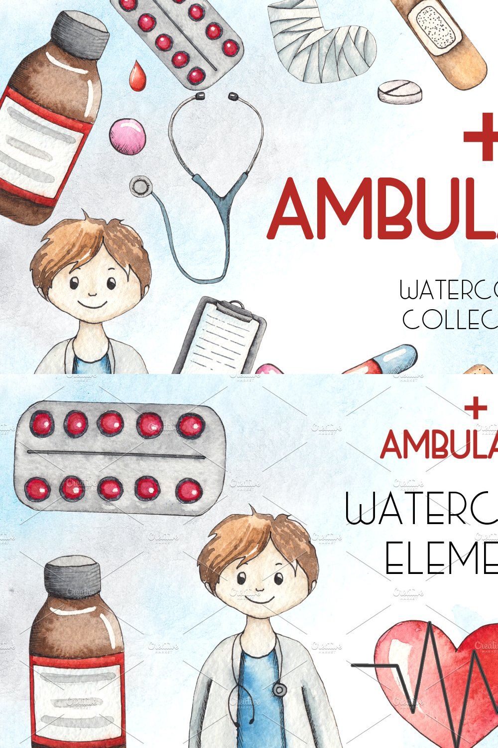 Ambulance. Watercolor collection pinterest preview image.