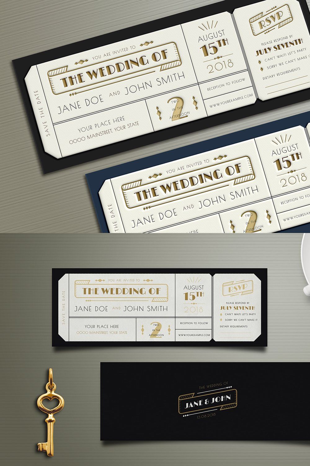 Art Deco Wedding Invitation Ticket pinterest preview image.