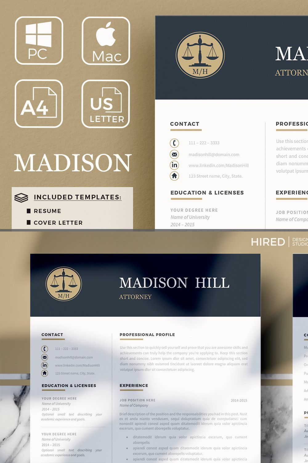 Attorney Resume template, Lawyer CV pinterest preview image.