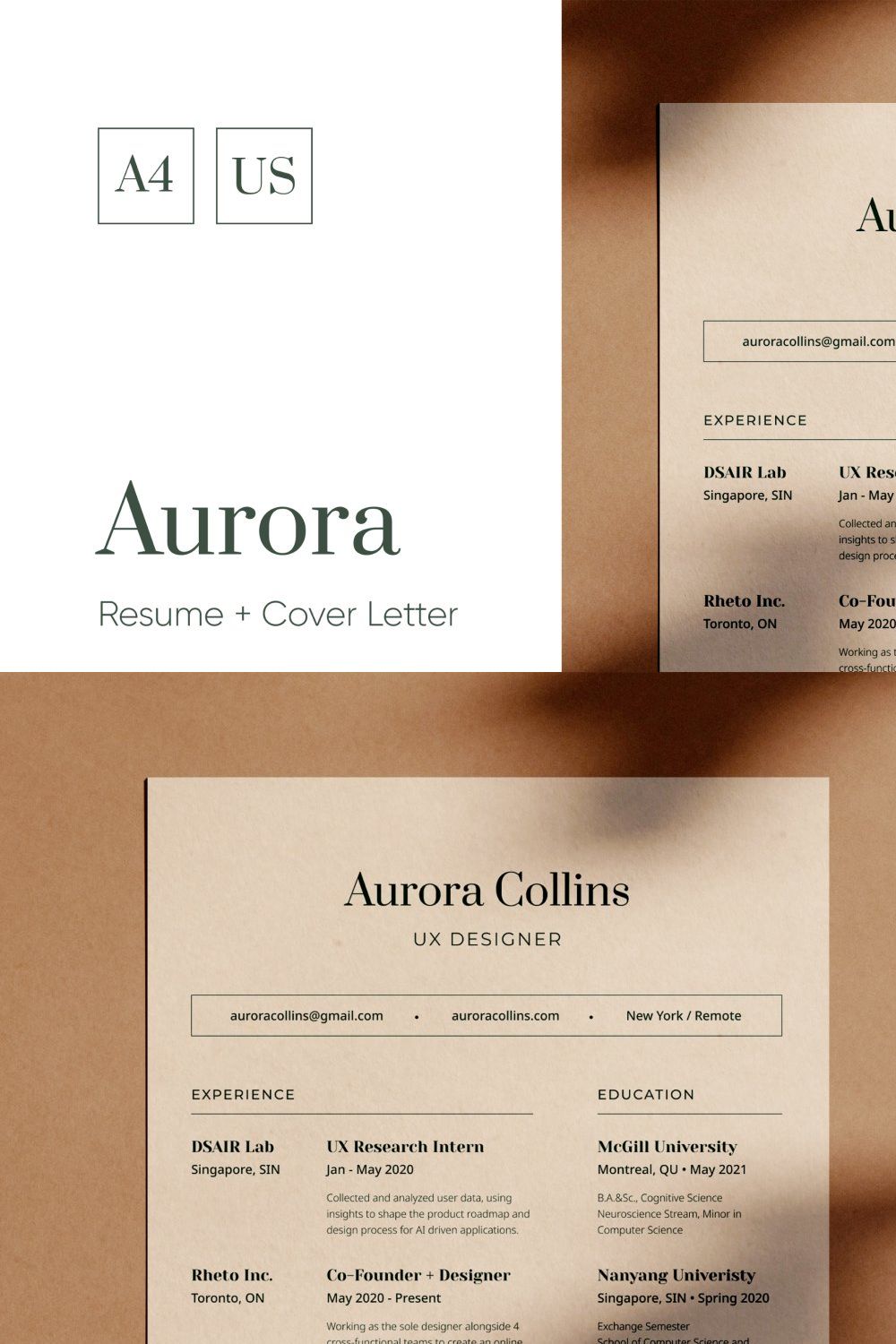 Aurora - Resume • CV • Cover Letter pinterest preview image.