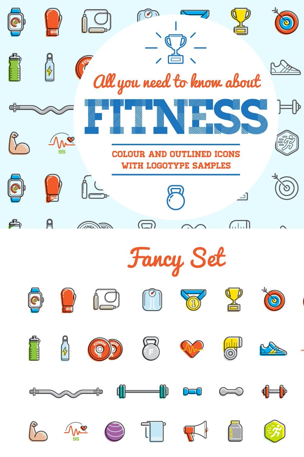 Awesome Fitness Icons and Logo Set pinterest preview image.