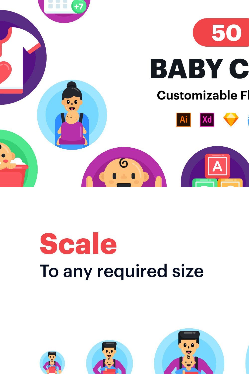Baby Care Icons - 50 Round Vectors pinterest preview image.
