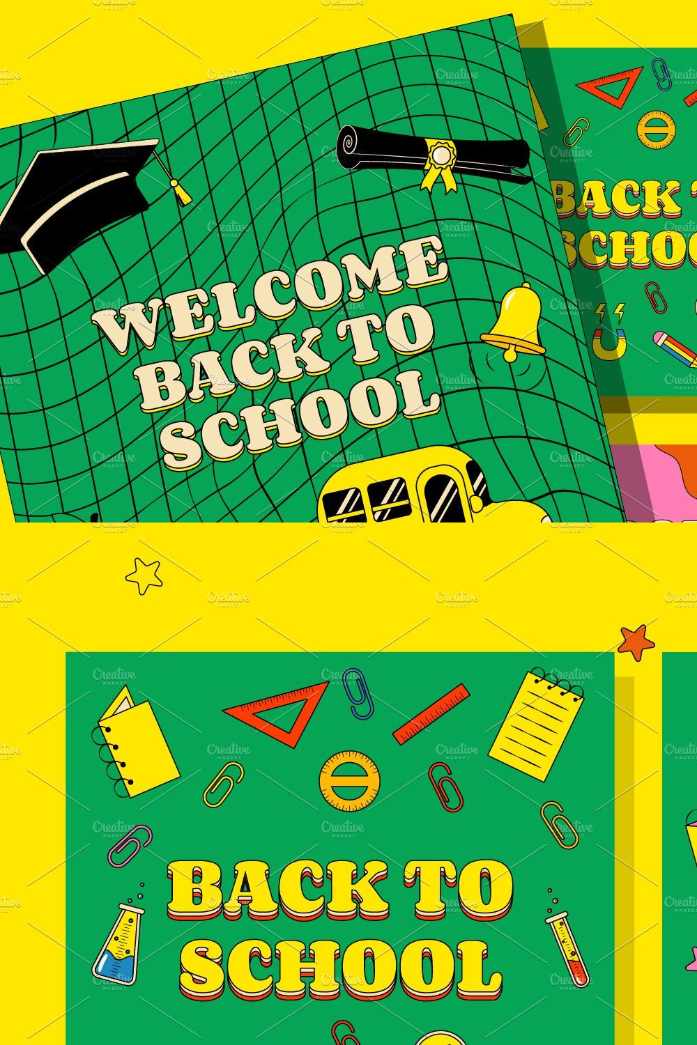 Back To School 5 Retro Groovy Cards pinterest preview image.