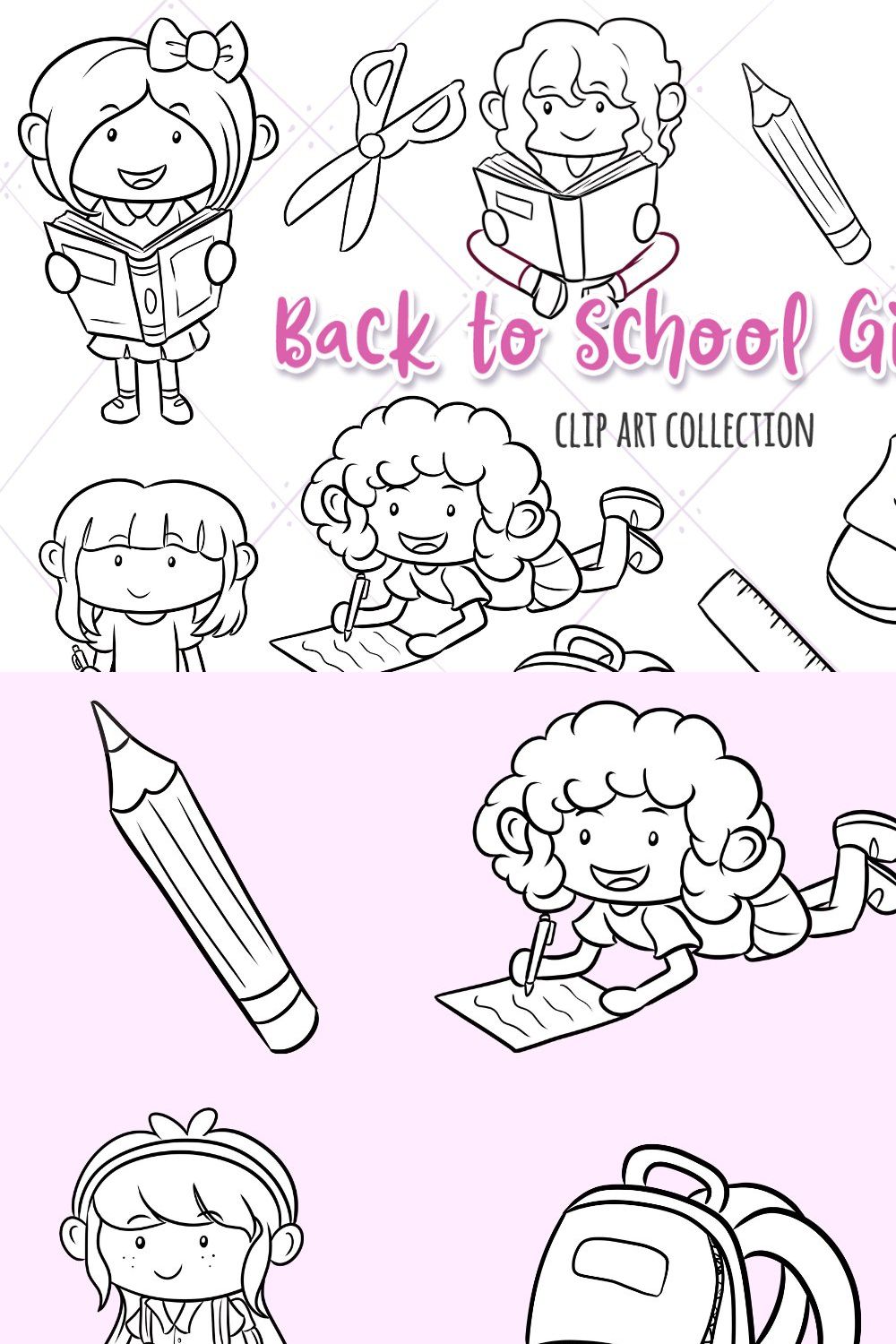 Back to School Girls Digital Stamps pinterest preview image.
