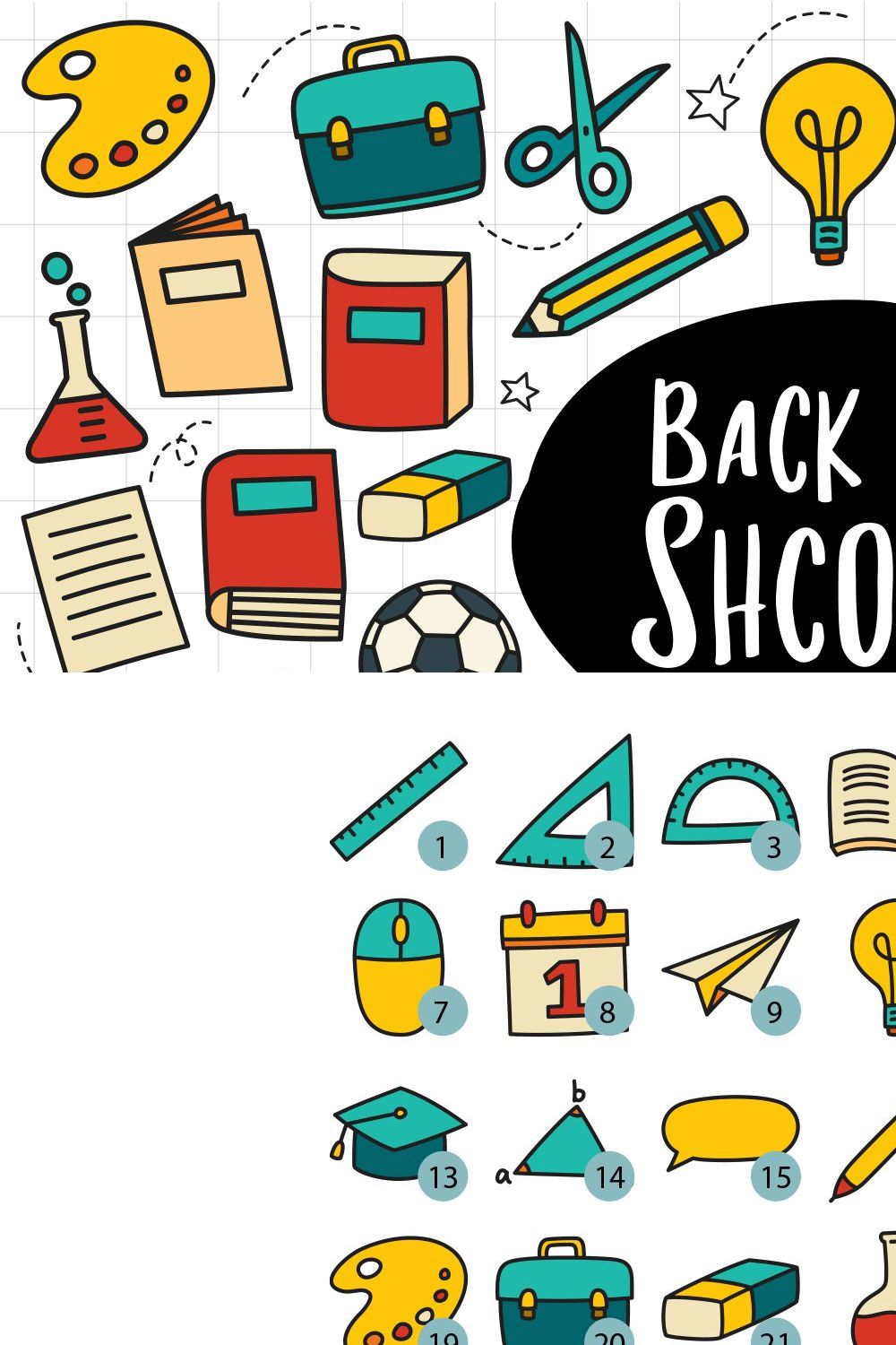 Back to School Icon Set Doodle Style pinterest preview image.