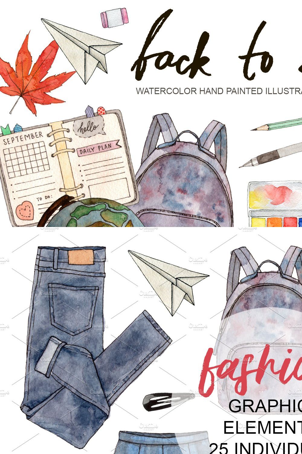 Back to school watercolor clipart pinterest preview image.
