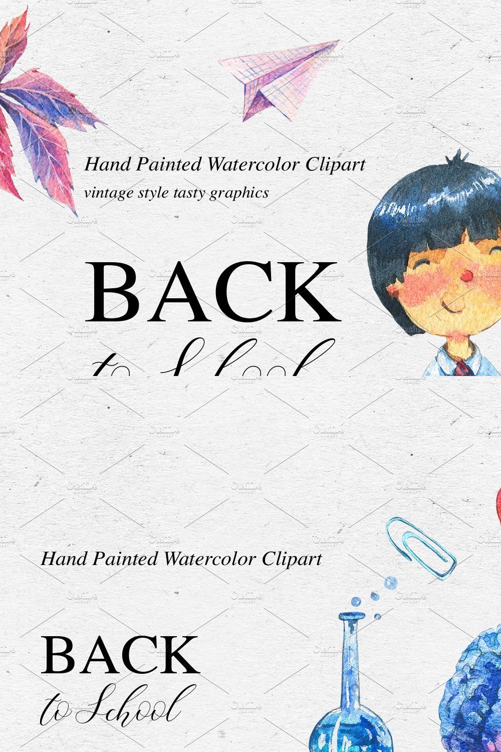 Back to school, watercolor kit pinterest preview image.