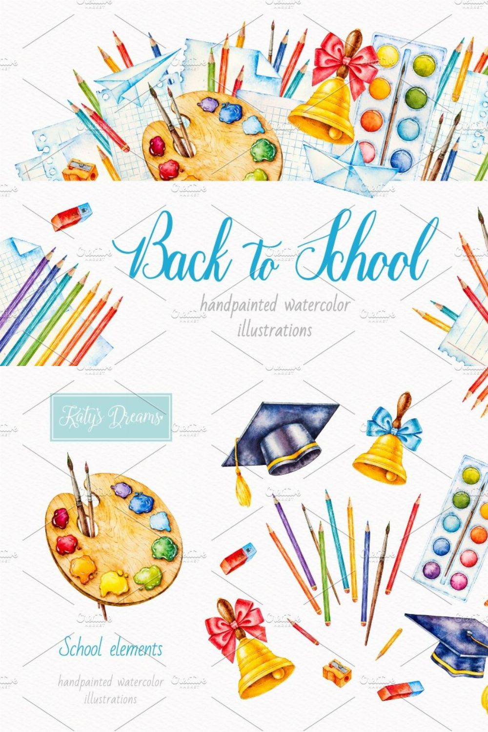 Back to School. Watercolor pinterest preview image.