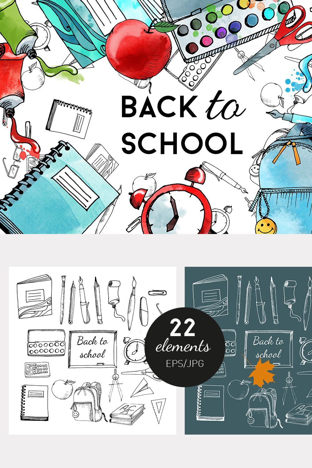 Back to school. Watercolor & vector pinterest preview image.