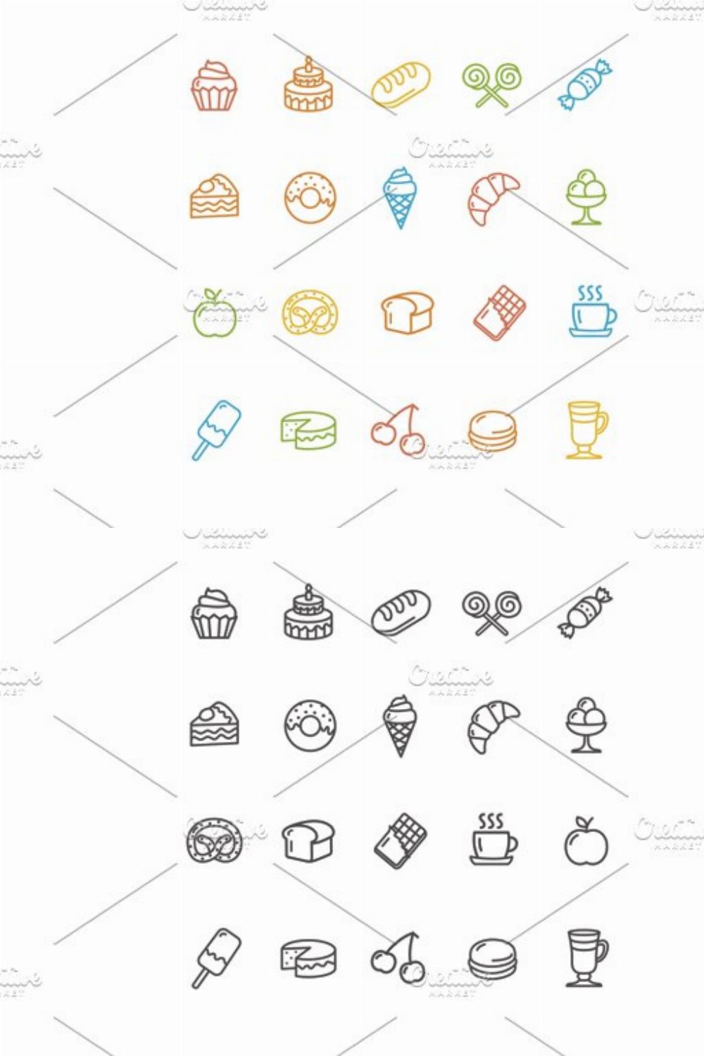 Bakery and Pastry Icons Set. Vector pinterest preview image.