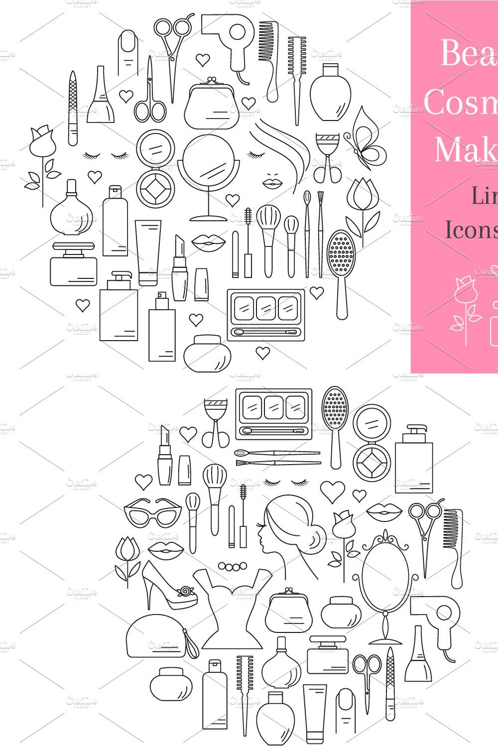Beauty, Cosmetic Outline Icons Set pinterest preview image.