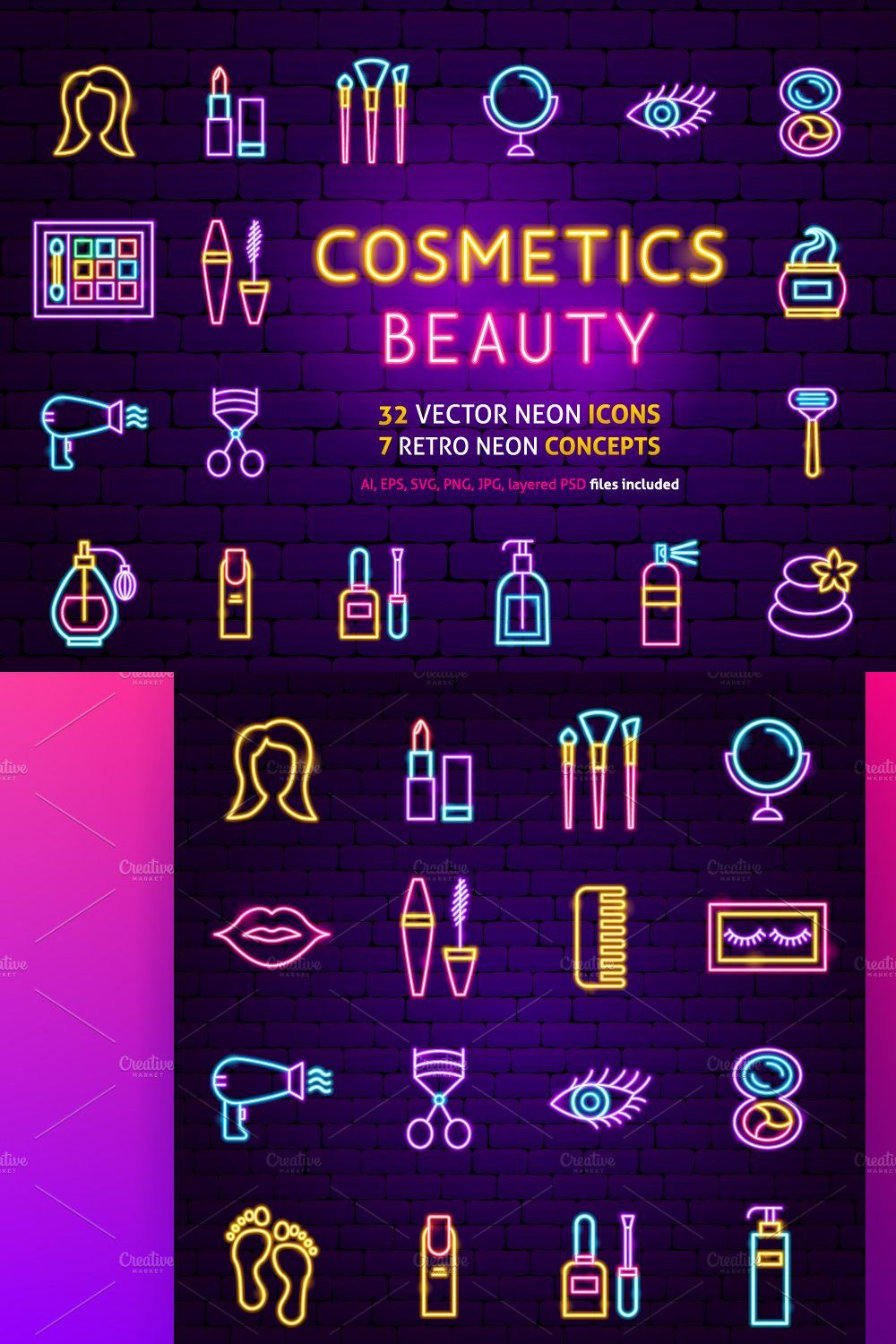 Beauty Cosmetics Vector Neon Icons pinterest preview image.