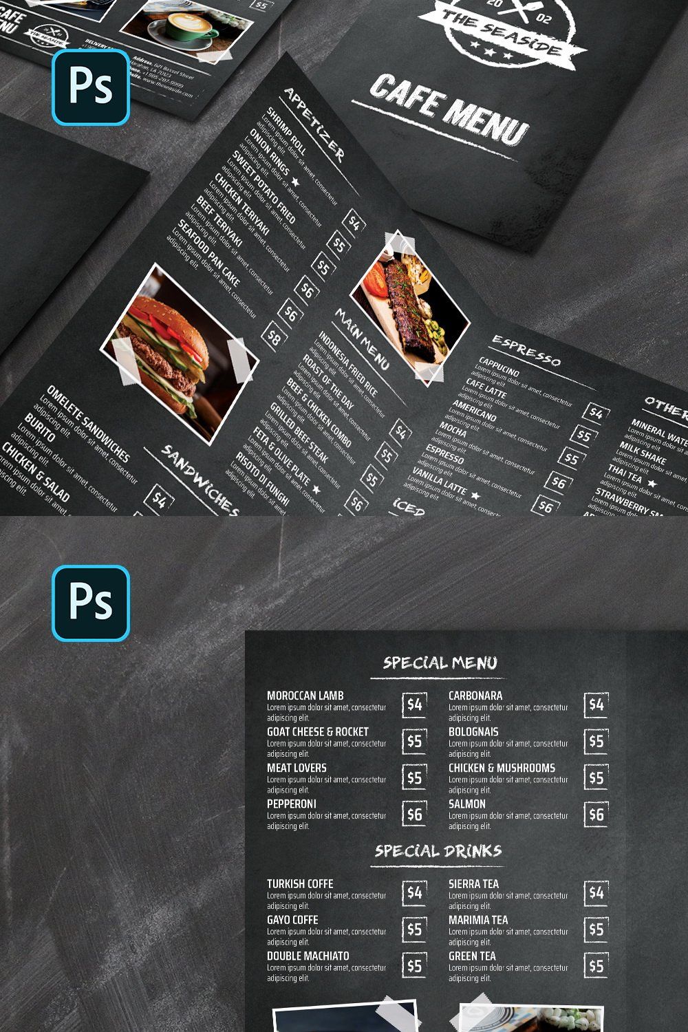 Bifold Blackboard Menu Template pinterest preview image.