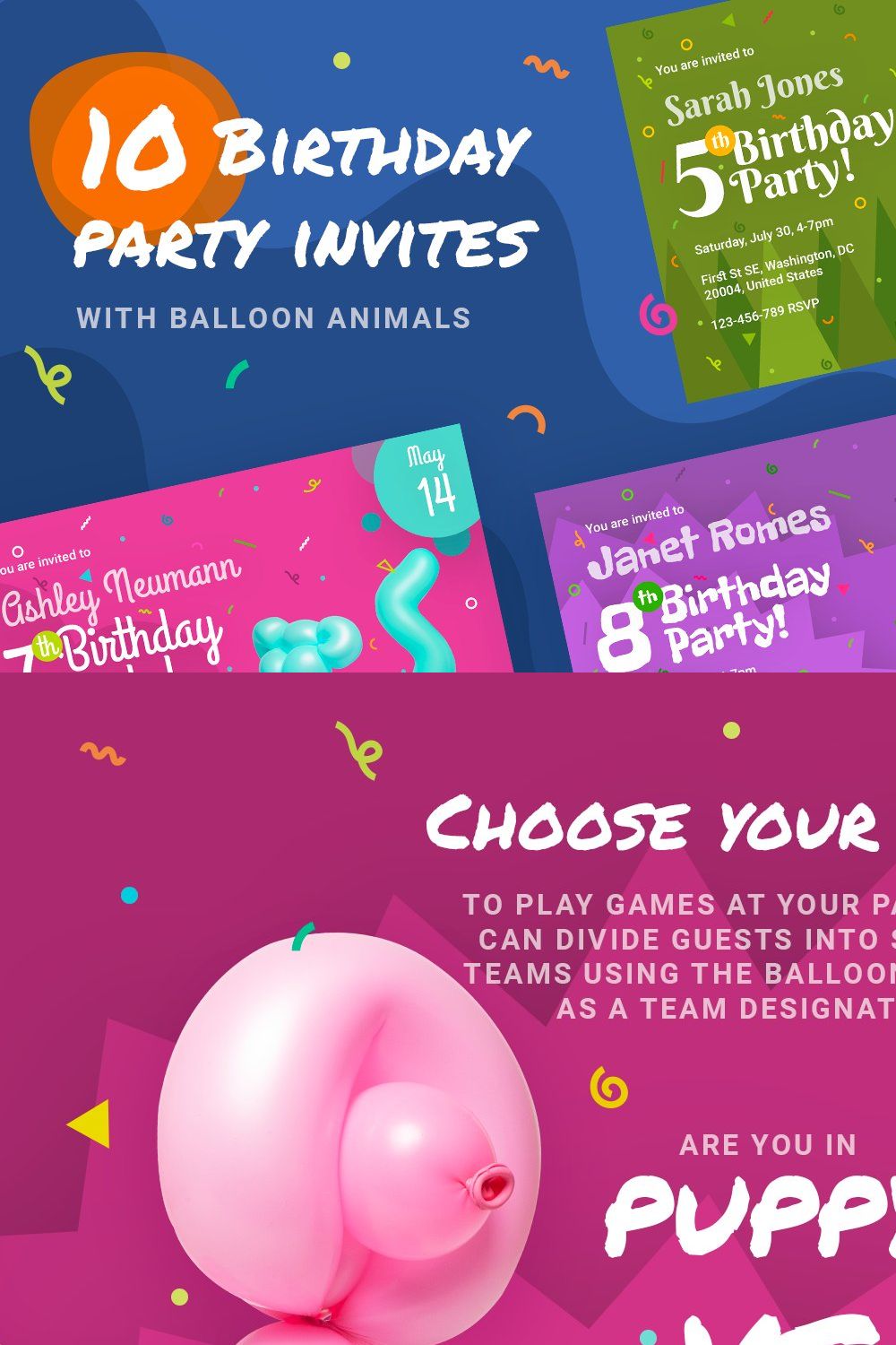 Birthday invites with Baloon animals pinterest preview image.