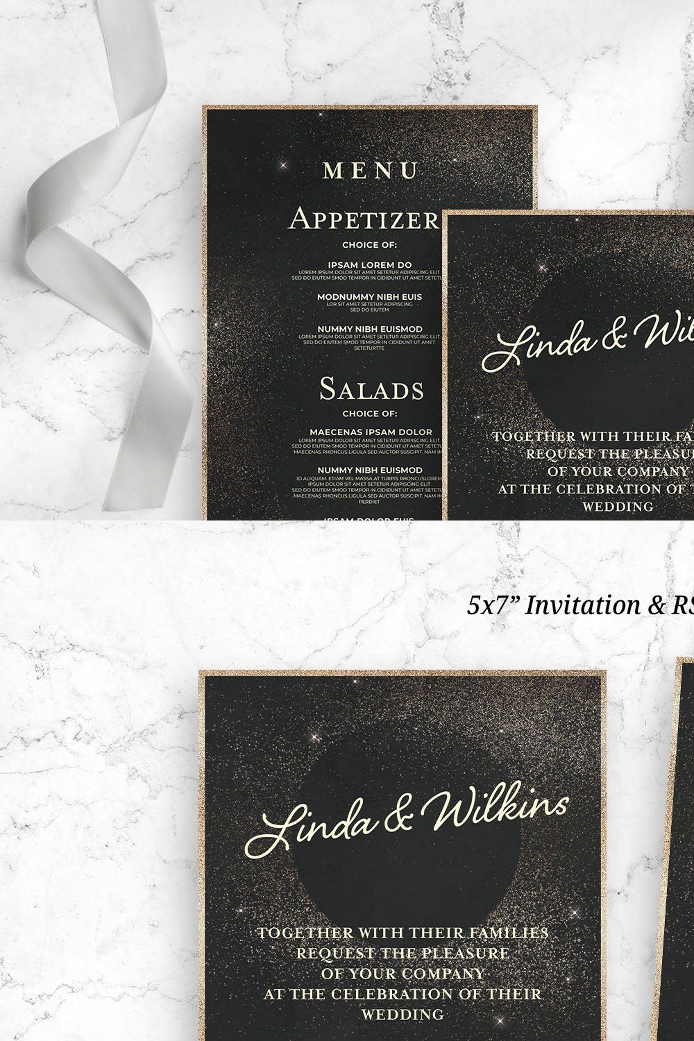 Black & Gold Wedding Invitation pinterest preview image.