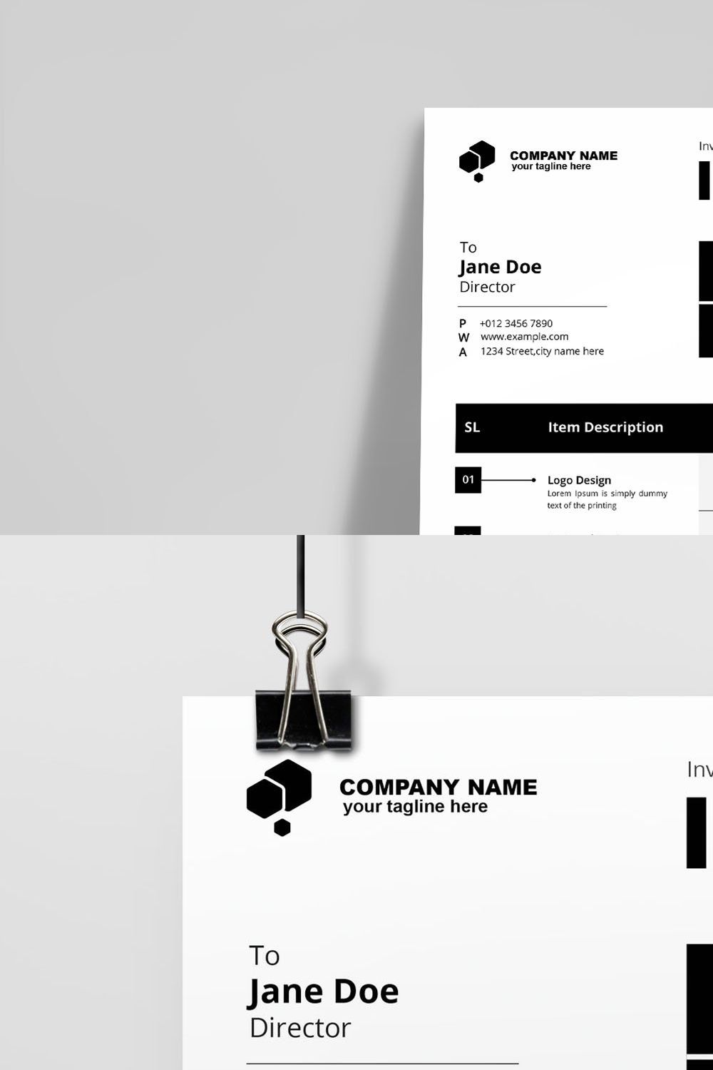 Black Invoice Design Layout pinterest preview image.