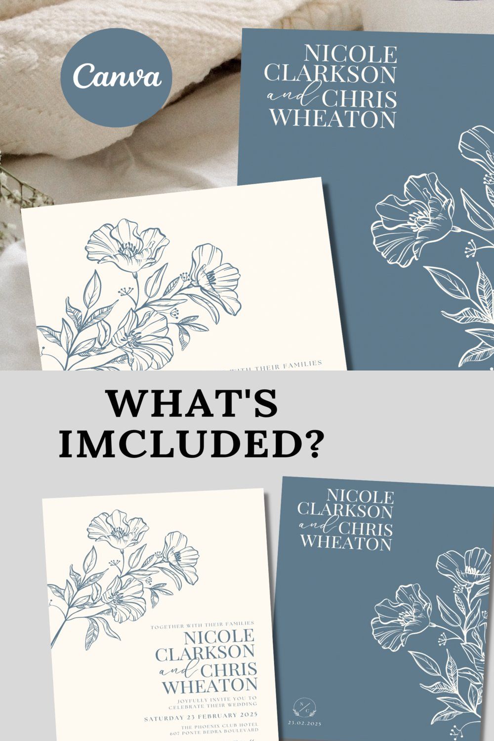 Blue Wedding Invitation Template pinterest preview image.