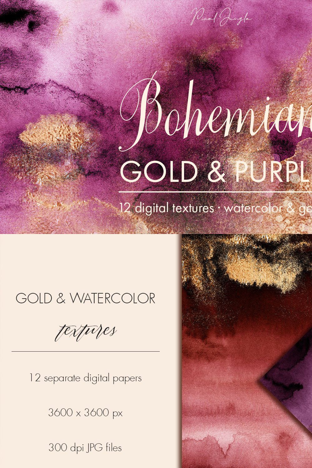Bohemian watercolor & gold textures pinterest preview image.