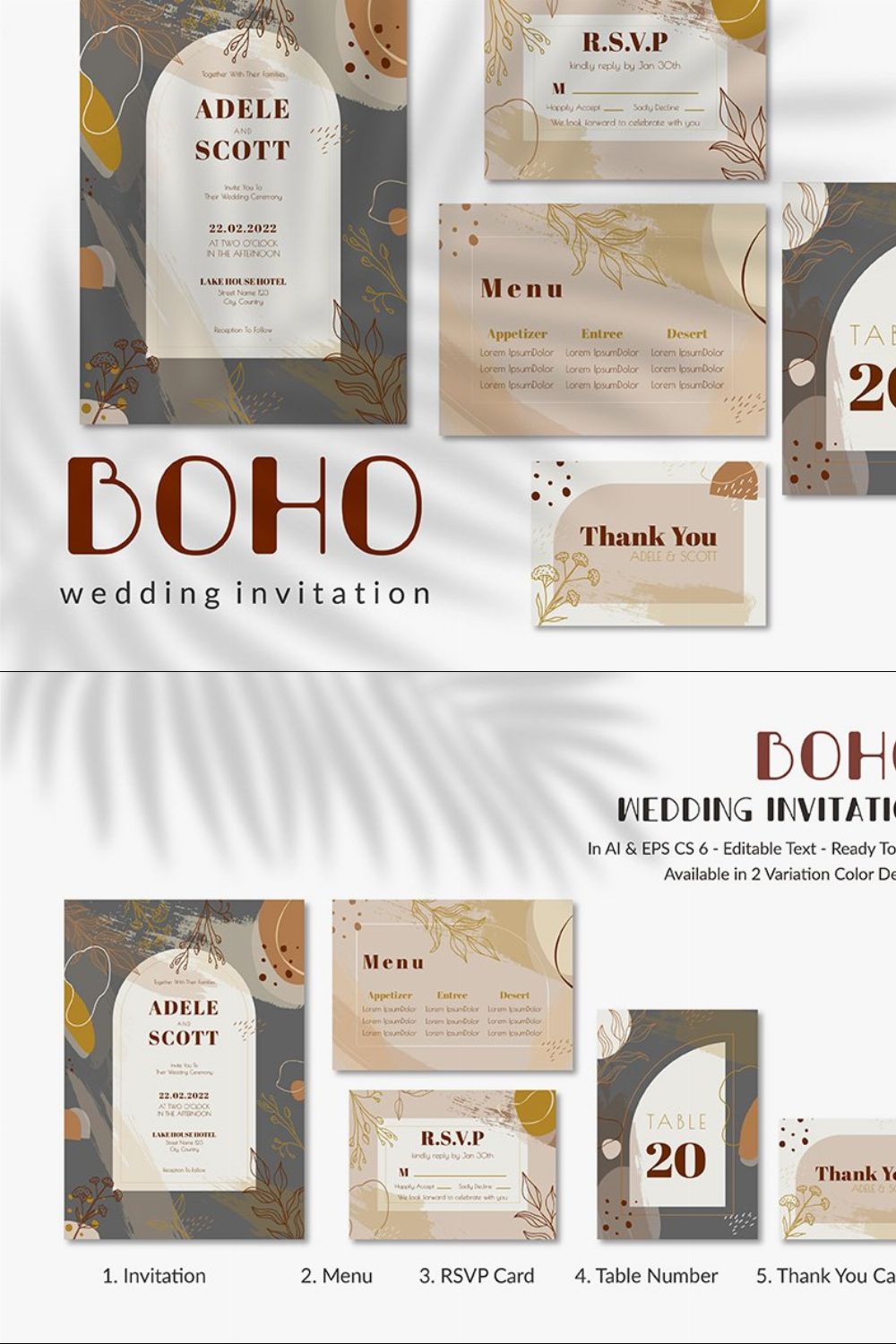 BOHO Wedding Invitation Set pinterest preview image.