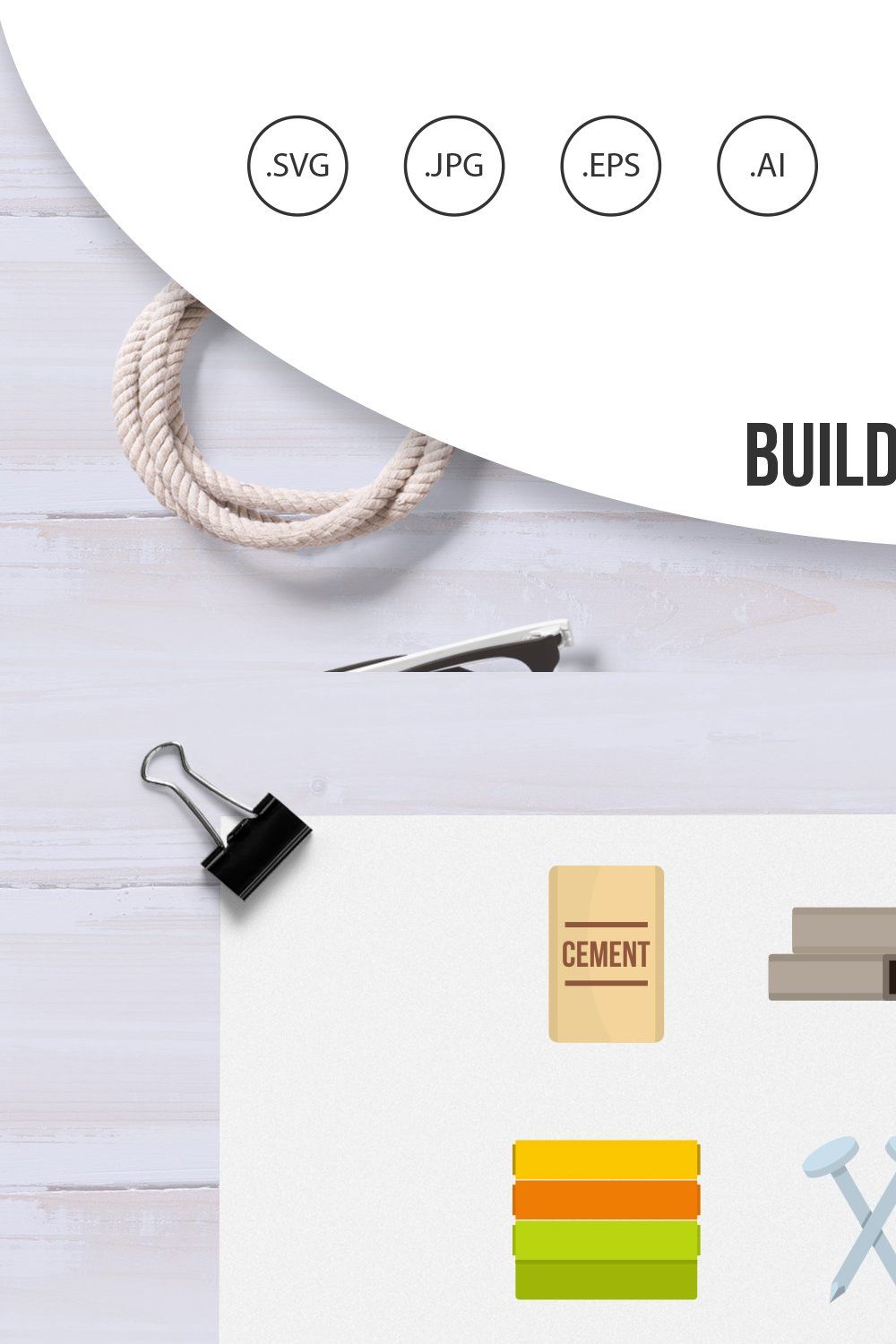 Building materials icons set in flat pinterest preview image.