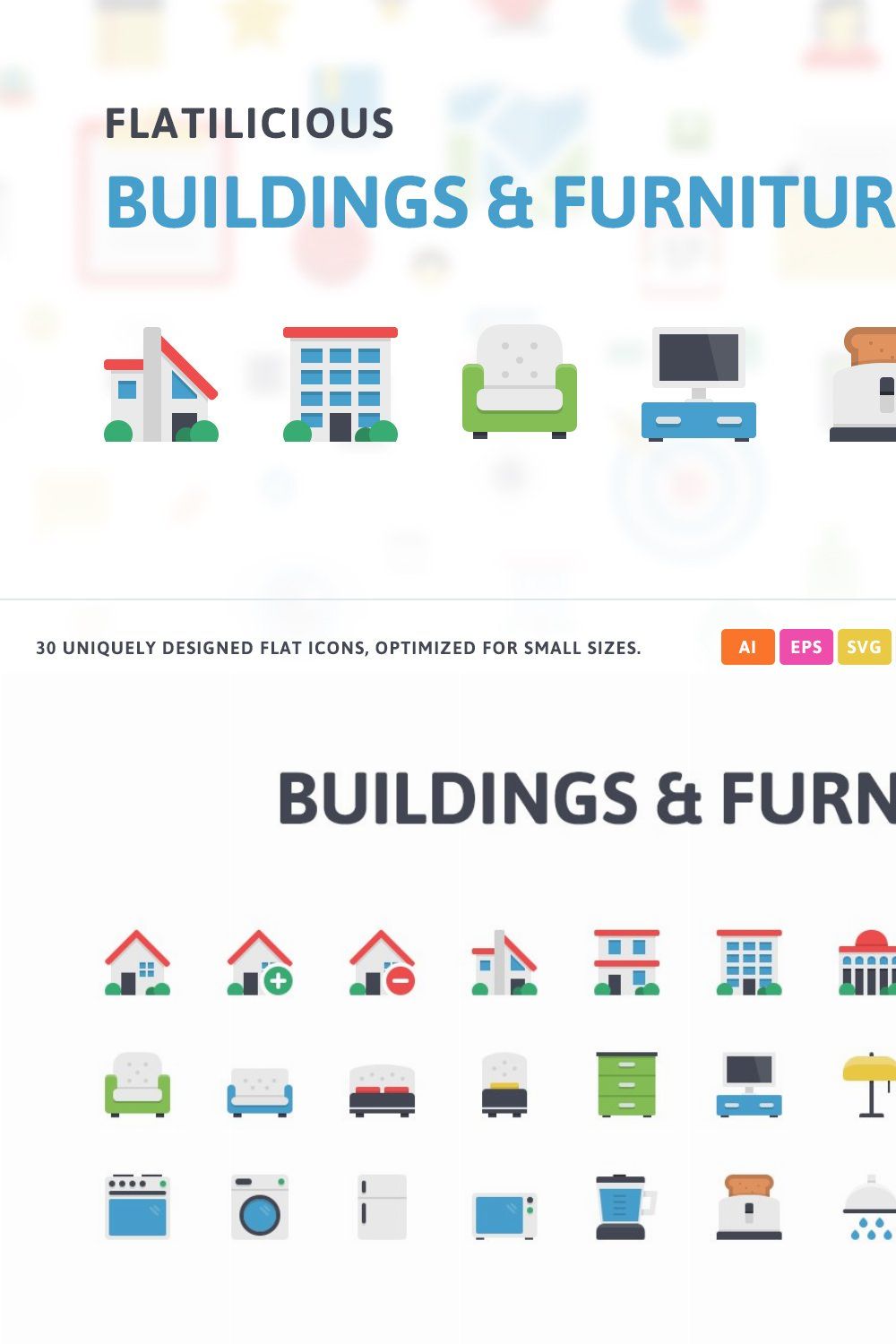 Buildings & Furniture Flat Icons pinterest preview image.