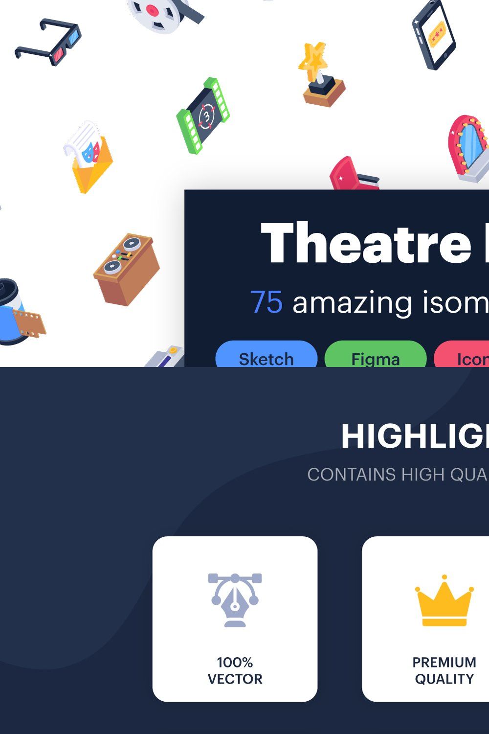 Bundle of  75 Isometric Theatre Icon pinterest preview image.