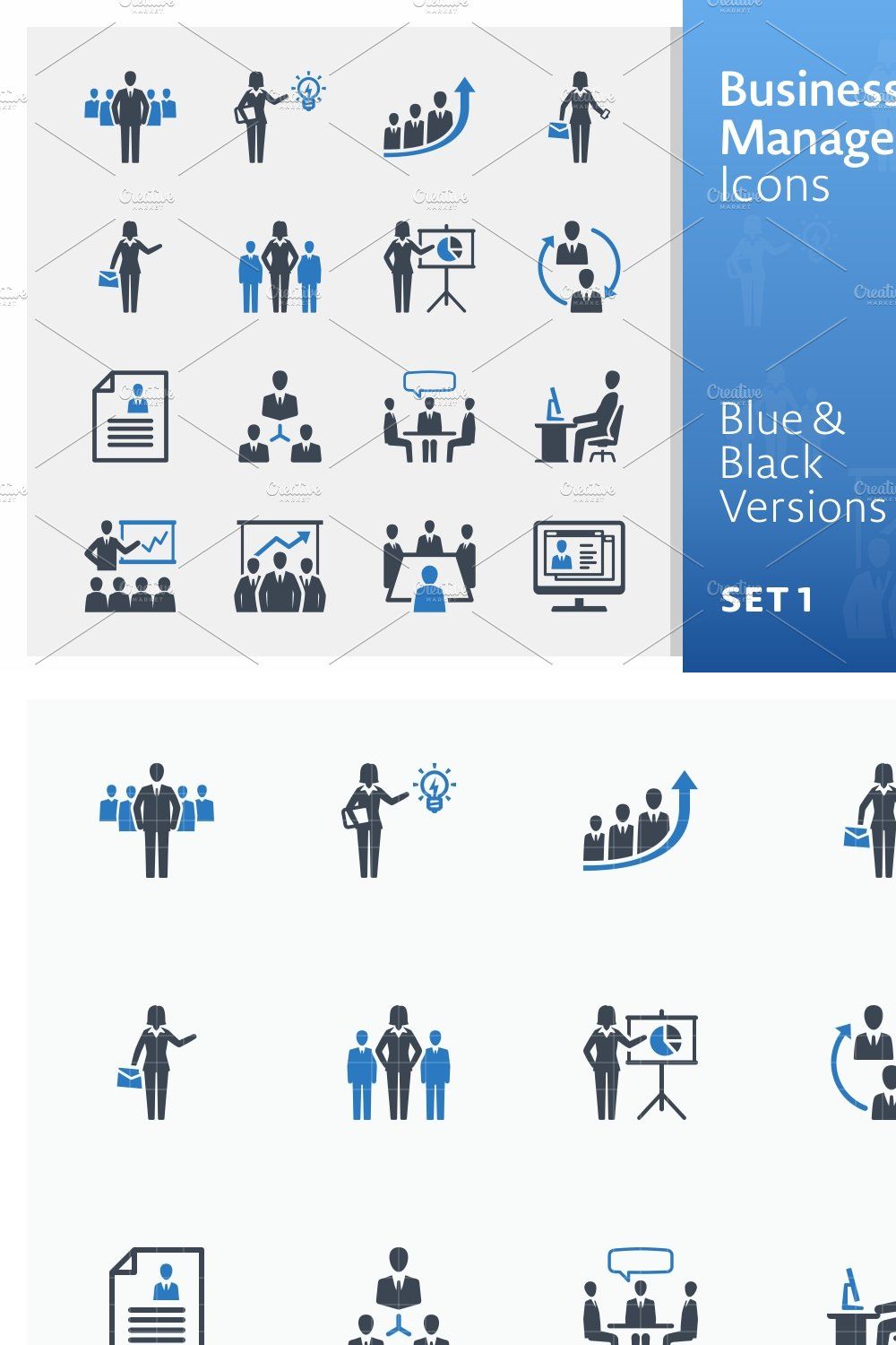 Business Management Icons 1 | Blue pinterest preview image.